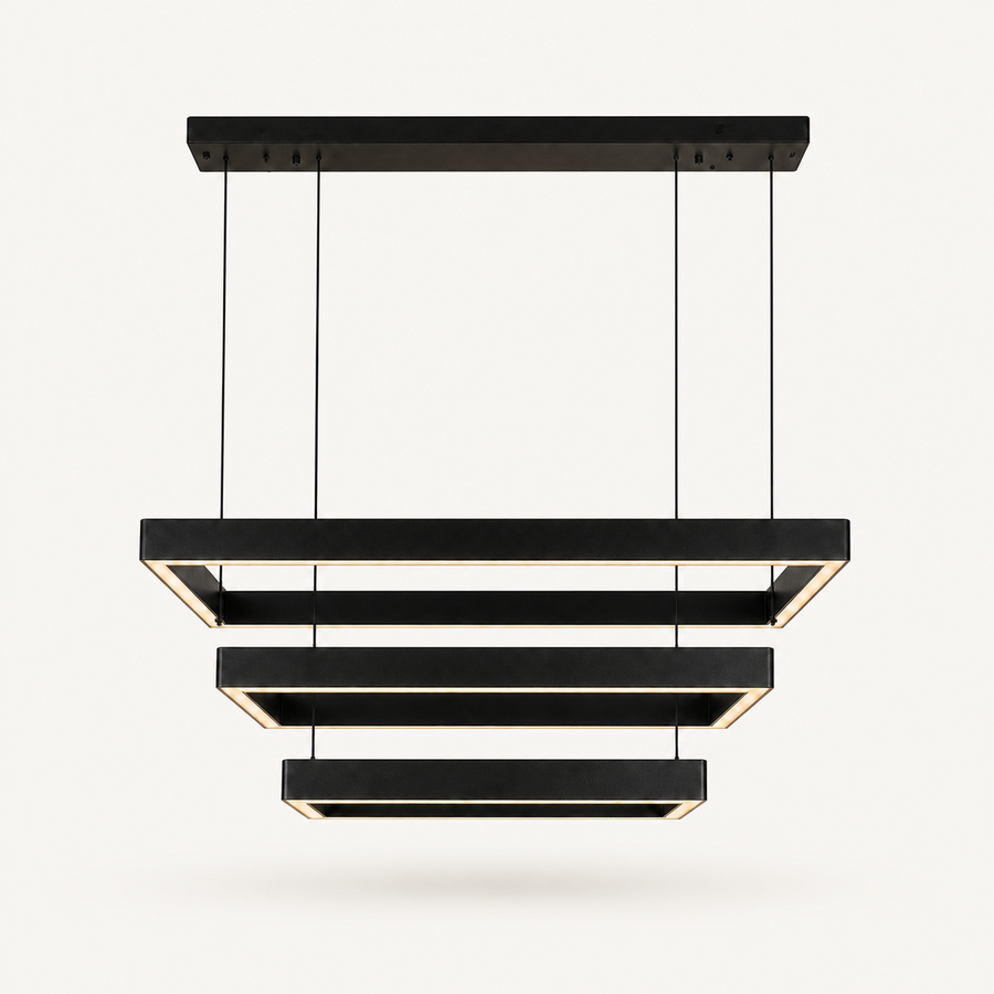 Studio front | black aluminum chandelier with three stepped rectangular LED frames, four cords, and slim canopy
