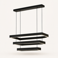 Studio three-quarter | black rectangular LED chandelier showing canopy depth, four cords, and three stepped frames