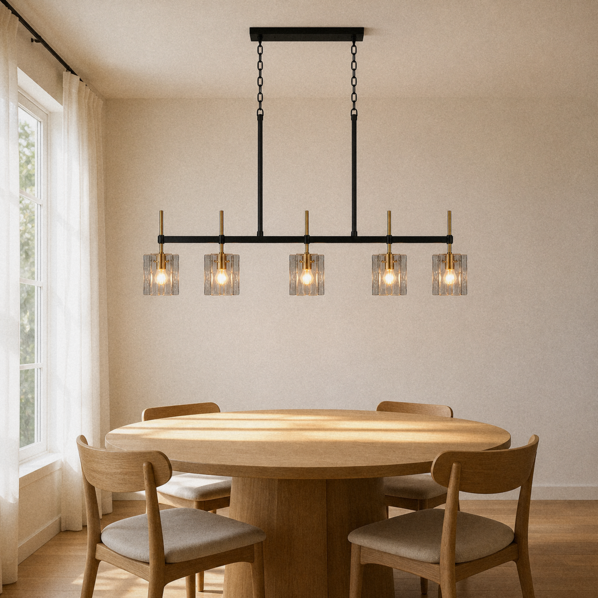In a room | Marnau Meaban 5-light black and brass island pendant hung lengthwise over a round oak dining table