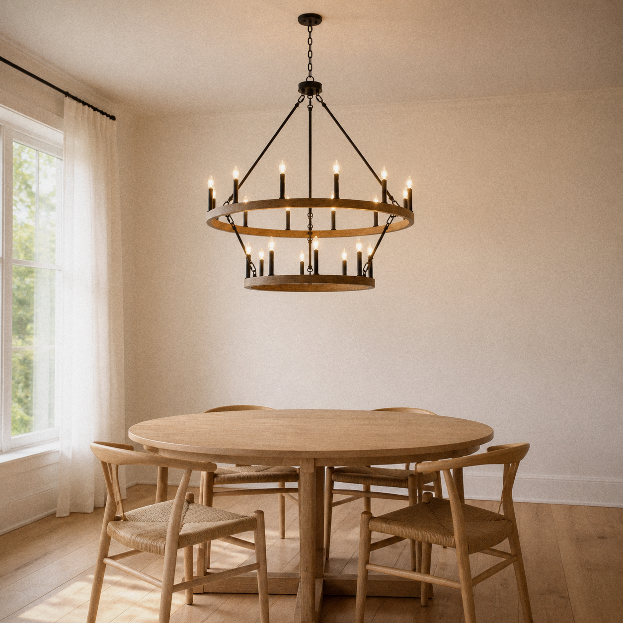Room | light weathered woodgrain two-tier wagon wheel chandelier over a pale oak dining table with black metal hardware