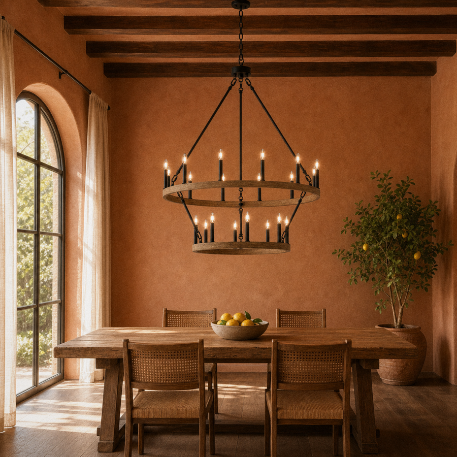 Room | two-tier light woodgrain wagon wheel chandelier over a reclaimed-oak dining table in a terracotta room