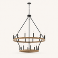 Front | two-tier 20-light chandelier with light woodgrain rings, black metal hardware, chain, and round canopy