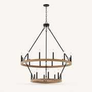 Front | two-tier 20-light chandelier with light woodgrain rings, black metal hardware, chain, and round canopy