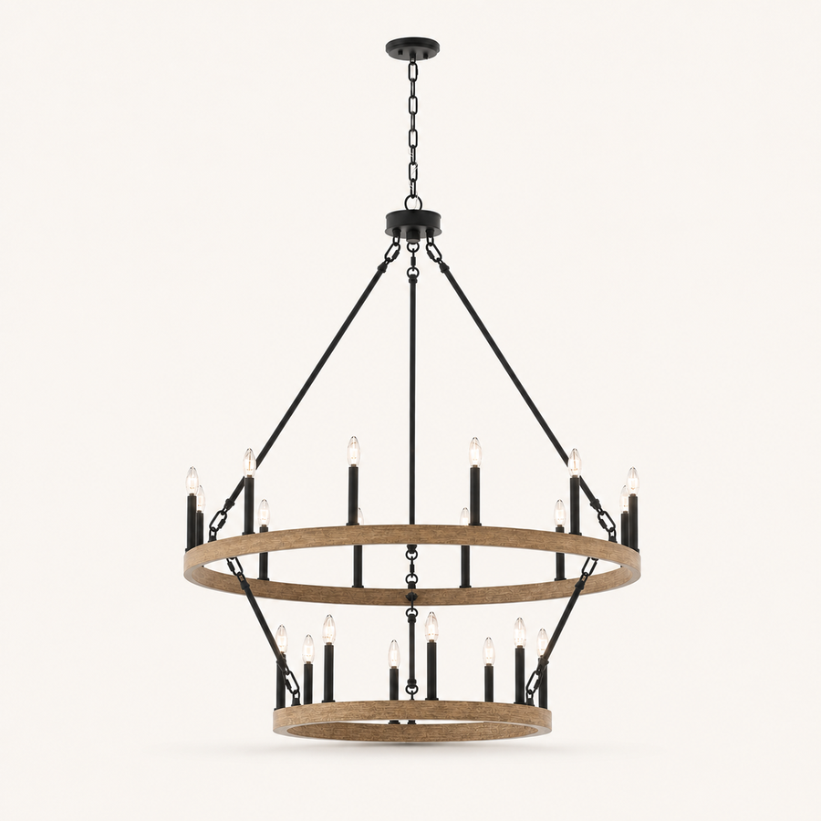 Front | two-tier 20-light chandelier with light woodgrain rings, black metal hardware, chain, and round canopy