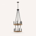 Side | profile view of the two-tier chandelier showing both light woodgrain rings, black braces, and chain