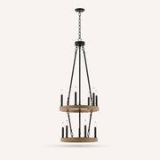 Side | profile view of the two-tier chandelier showing both light woodgrain rings, black braces, and chain