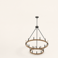 Studio | three-quarter view of the two woodgrain rings, chain, braces, and black candle sockets
