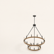 Studio | three-quarter view of the two woodgrain rings, chain, braces, and black candle sockets