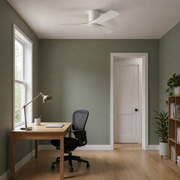 Scale | matte white three-blade ceiling fan shown at room scale beside a full-height doorway