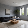 In a room | matte white three-blade LED ceiling fan in a blue-gray living room