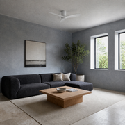 In a room | matte white three-blade LED ceiling fan in a blue-gray living room
