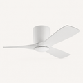 Front | studio underside view of the matte white three-blade ceiling fan with integrated LED bowl