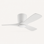 Front | studio underside view of the matte white three-blade ceiling fan with integrated LED bowl