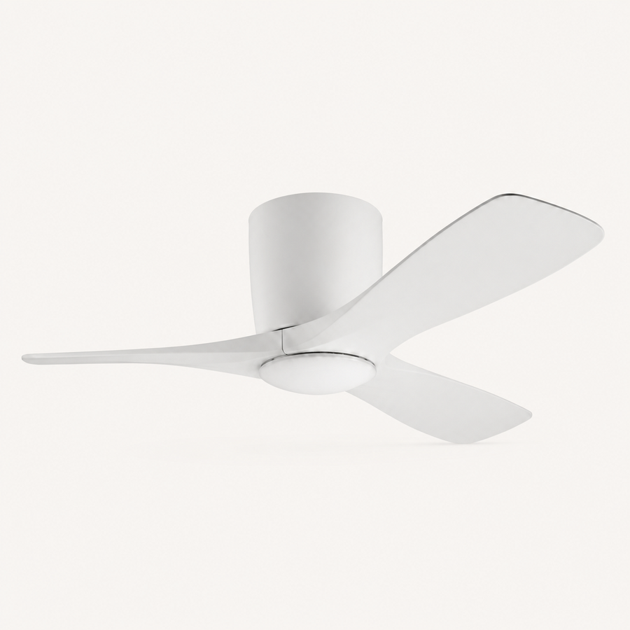 Front | studio underside view of the matte white three-blade ceiling fan with integrated LED bowl