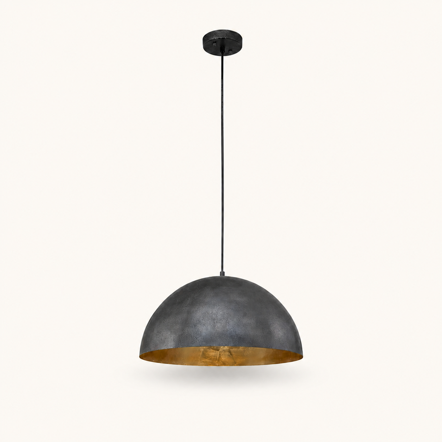 Front | studio front of the black textured dome, gold interior, and black cord