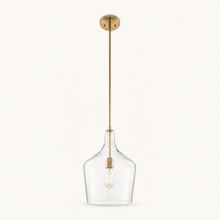 Studio front | single clear glass vase shade, cool-brass rod and round canopy