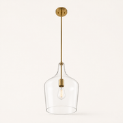 Studio angle | low upward view of the clear vase shade, cool-brass socket, bulb and canopy