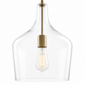 Close view | clear glass vase shoulder and cool-brass socket around one visible bulb