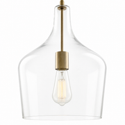 Close view | clear glass vase shoulder and cool-brass socket around one visible bulb