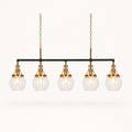 Front view | five clear round glass globes on a straight matte black bar with copper-plated caps