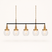 Front view | five clear round glass globes on a straight matte black bar with copper-plated caps