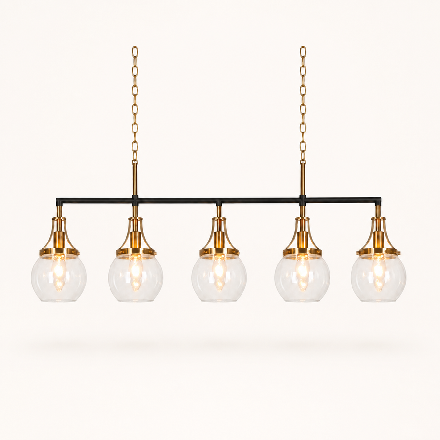 Front view | five clear round glass globes on a straight matte black bar with copper-plated caps