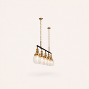 Side profile | five-globe pendant receding in depth with both chains and rear bar edge visible