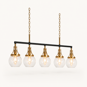 Three-quarter studio view | five-globe pendant with two chains, black bar, and copper-plated hardware