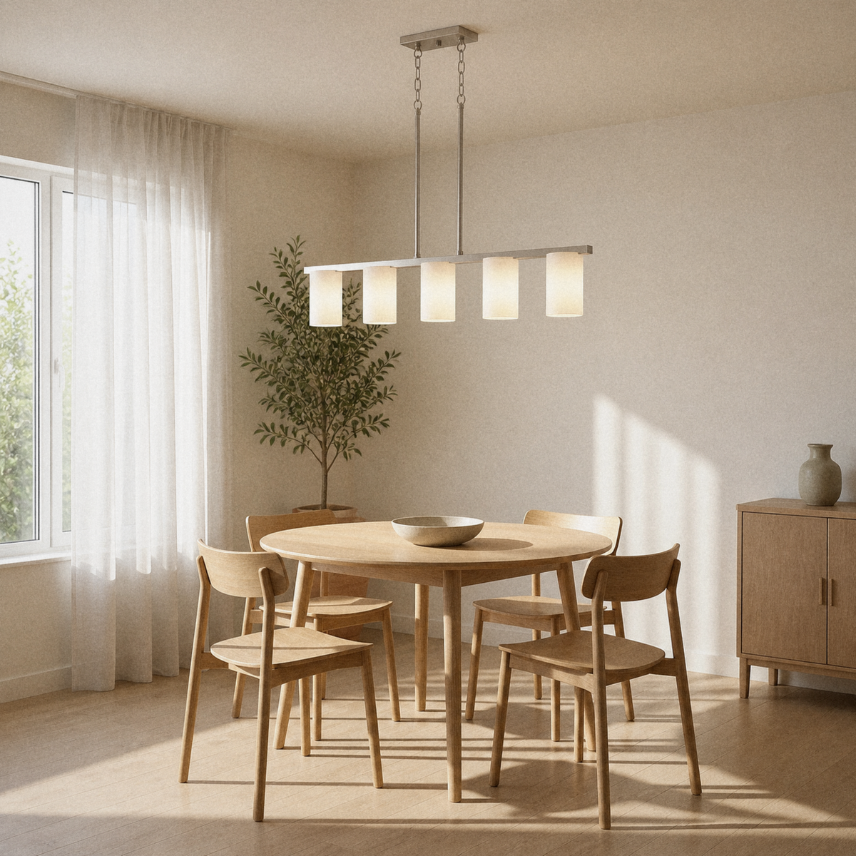 Warm dining room | brushed nickel 5-light linear pendant over a round pale-oak table