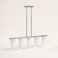 Side profile | brushed nickel bar depth, rectangular canopy, two drops, and five frosted shades