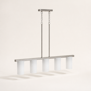 Side profile | brushed nickel bar depth, rectangular canopy, two drops, and five frosted shades
