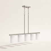 Three-quarter studio | brushed nickel bar, rectangular canopy, two drops, and five frosted shades