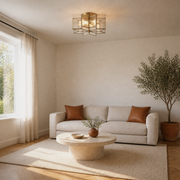 Room | natural brass star flush mount over a travertine coffee table