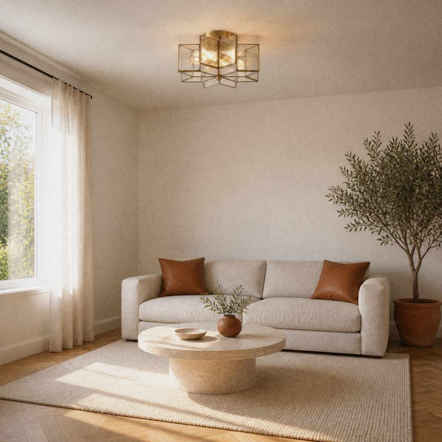 Room | natural brass star flush mount over a travertine coffee table