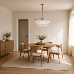 Marnau Pennfret 6-Light Tiered Chandelier beside a full-height dining-room doorway for scale