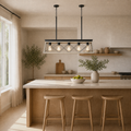 Room | whitewashed wood and graphite-black 5-light chandelier over a pale kitchen island