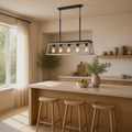Room | whitewashed wood and graphite-black chandelier from a second angle over the kitchen island
