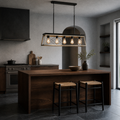 Room | whitewashed wood and graphite-black chandelier over a walnut kitchen island