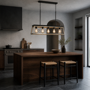 Room | whitewashed wood and graphite-black chandelier over a walnut kitchen island