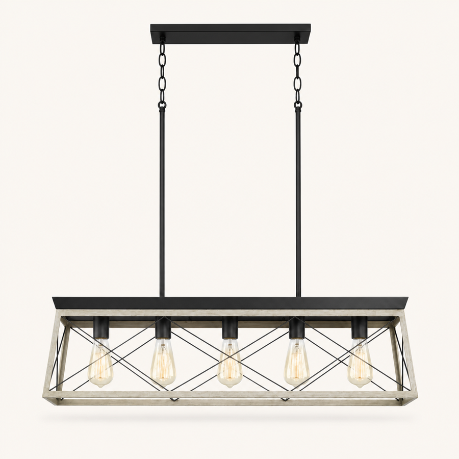 Front | whitewashed wood rails, graphite-black X braces, canopy, and five clear bulbs