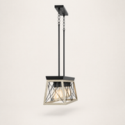 Side | side profile of the whitewashed wood and graphite-black rectangular chandelier showing body depth