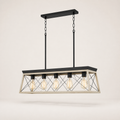 Three quarter studio | whitewashed wood rectangular cage with graphite-black X braces and five clear bulbs