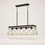Three quarter studio | whitewashed wood rectangular cage with graphite-black X braces and five clear bulbs