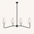 Front | black four-arm pendant with four white woven fabric shades, center rod, and curved arms