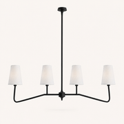 Front | black four-arm pendant with four white woven fabric shades, center rod, and curved arms