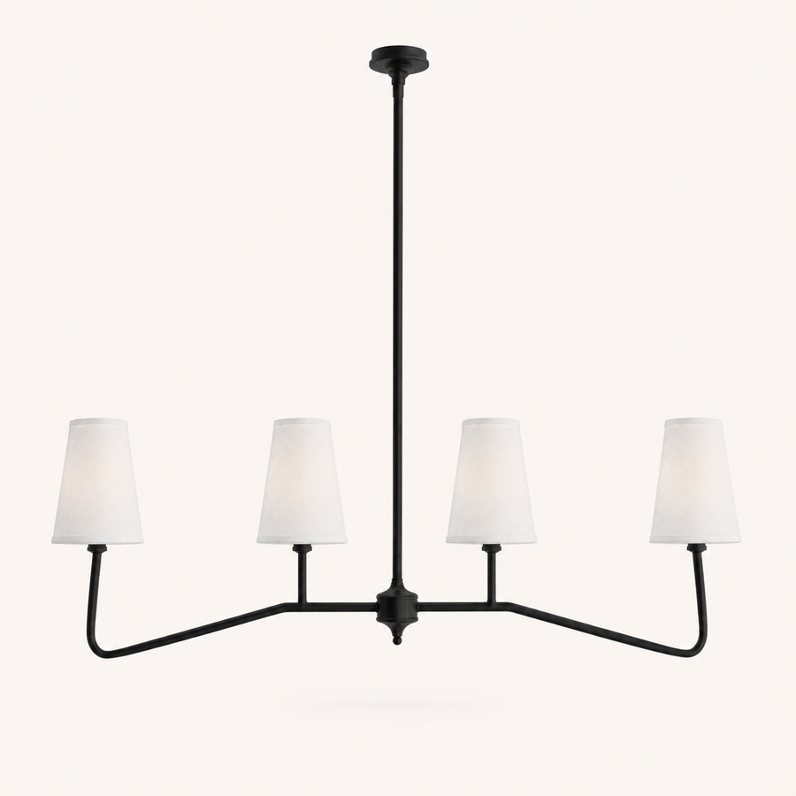Front | black four-arm pendant with four white woven fabric shades, center rod, and curved arms