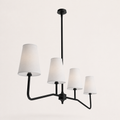 Side view | black pendant showing canopy depth, central rod, overlapping shades, and curved arms