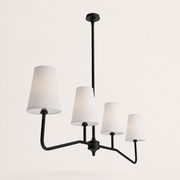 Side view | black pendant showing canopy depth, central rod, overlapping shades, and curved arms