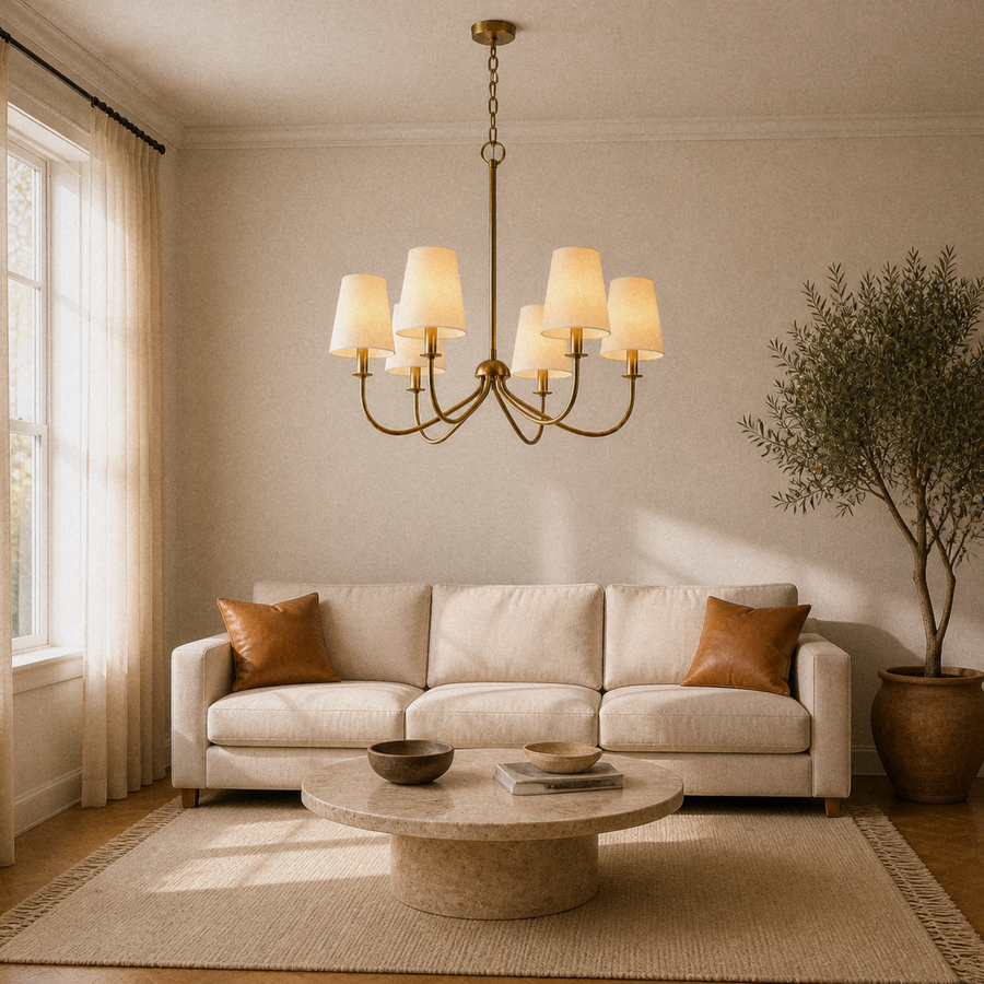 Living room | six-light warm brass chandelier with six ivory linen shades above a travertine table