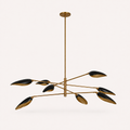 Studio front | eight-light chandelier with eight matte-black cone shades, light-gold interiors, brass arms and canopy